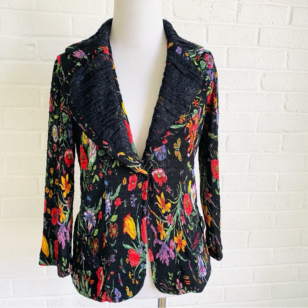 VINTAGE Jacket Blazer Alberto Makali Black Floral Large Boho WhimsyGoth Artsy - Picture 6 of 16